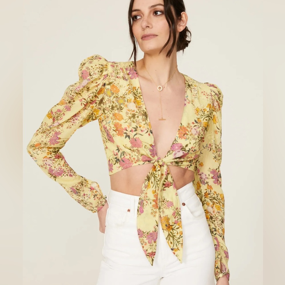 Hemant & Nandita Floral Yellow Tie-Front Top